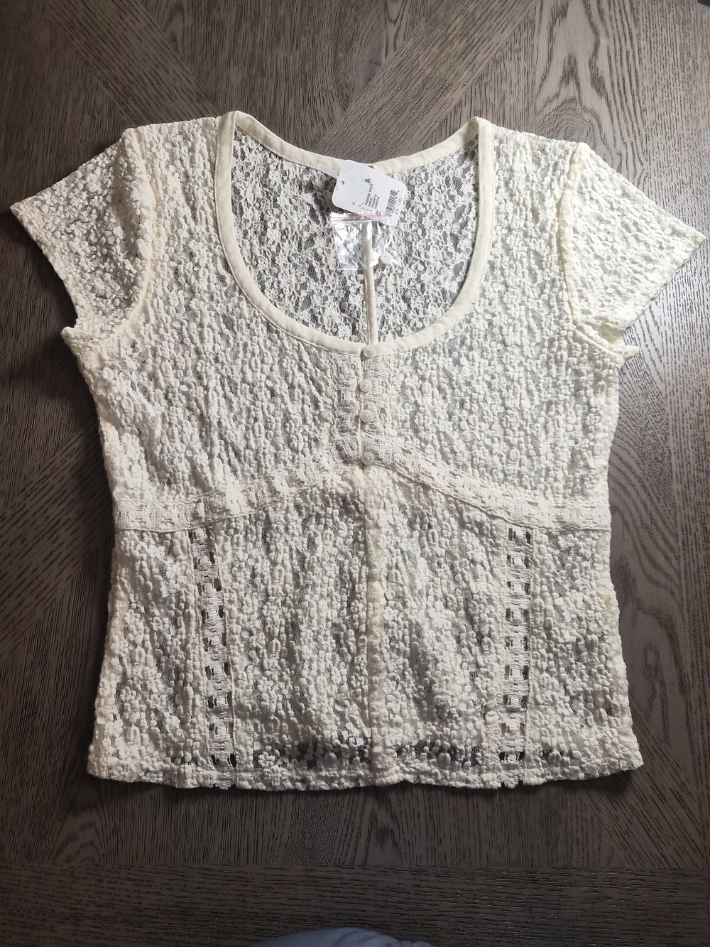 Free People Cream Lace Short Sleeve Scoop Neck Top
